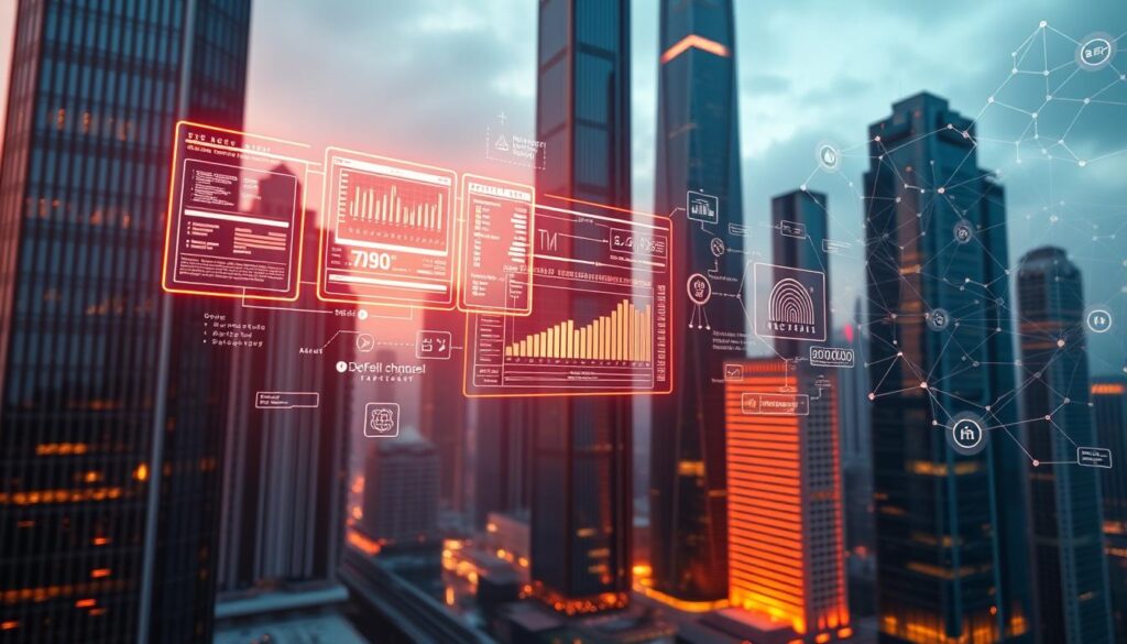 A sleek, futuristic cityscape with towering skyscrapers and gleaming glass facades. In the foreground, a series of holographic interfaces and smart contract visualizations float in mid-air, pulsing with data streams and dynamic charts. The background features blockchain networks, decentralized applications, and complex code structures intertwining like a digital web. Warm, neon-tinged lighting casts an ethereal glow over the scene, creating a sense of technological innovation and forward-thinking finance. The composition is balanced, with a depth of field that draws the viewer's eye towards the central focus of the DeFi smart contract applications.