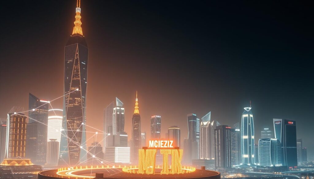 A sleek, futuristic cityscape with towering skyscrapers and gleaming spires, illuminated by a warm, diffuse light. In the foreground, a translucent, holographic display showcases a blockchain network, its nodes interconnected by shimmering data streams. The middle ground features a cluster of smaller buildings, their facades adorned with glowing circuit-like patterns, representing the sidechain architecture. In the background, a vast, darkened sky creates a sense of depth and scale, hinting at the vast potential of this distributed, scalable blockchain technology. A sleek, futuristic cityscape with towering skyscrapers and gleaming spires, illuminated by a warm, diffuse light. In the foreground, a translucent, holographic display showcases a blockchain network, its nodes interconnected by shimmering data streams. The middle ground features a cluster of smaller buildings, their facades adorned with glowing circuit-like patterns, representing the sidechain architecture. In the background, a vast, darkened sky creates a sense of depth and scale, hinting at the vast potential of this distributed, scalable blockchain technology.