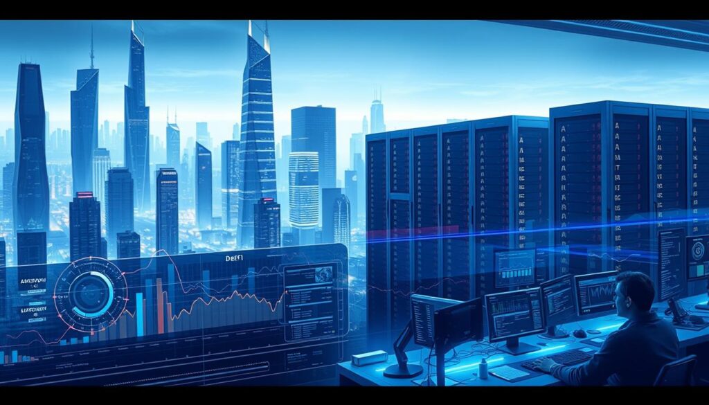 A sleek, futuristic cityscape with towering skyscrapers and glowing holographic interfaces. In the foreground, a data visualization dashboard displays real-time DeFi metrics, with an AI-powered algorithm analyzing the information and suggesting strategic optimizations. The middle ground features engineers and analysts collaborating at workstations, their screens filled with complex algorithms and lines of code. In the background, a massive server farm hums with the processing power needed to power the AI-driven DeFi protocol. The lighting is a cool, blue-tinged palette, conveying a sense of technological precision and forward-thinking innovation.