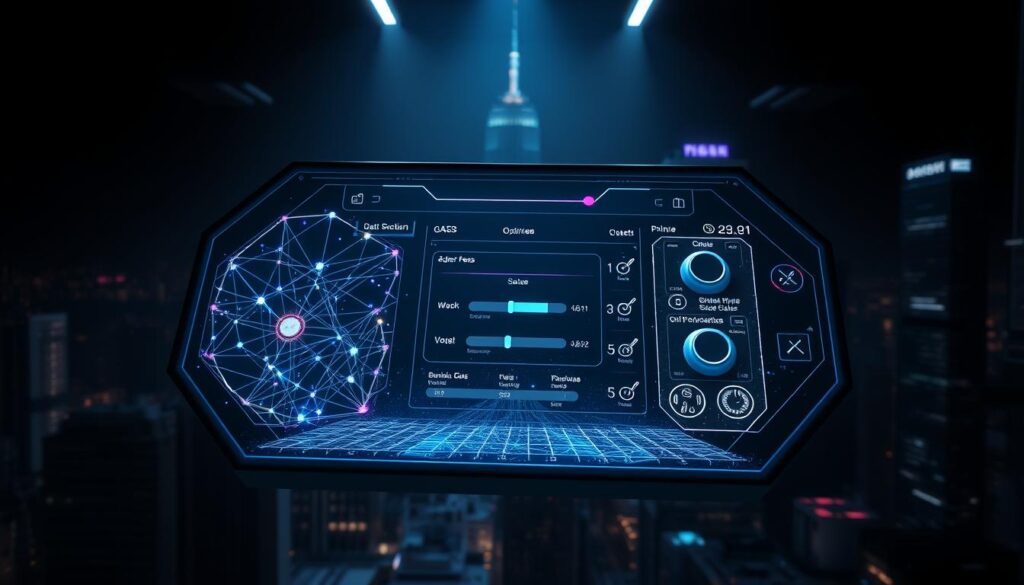 A sleek, futuristic control panel hovers in a dimly lit, futuristic environment. The foreground displays a detailed, holographic representation of a blockchain network, with vibrant nodes and connections pulsing with energy. In the middle ground, various intuitive controls and toggles allow the user to adjust gas fees and optimize transaction costs. The background features a cityscape of towering, neon-lit skyscrapers, reflecting the cutting-edge technology at work. Soft, directional lighting casts dramatic shadows, creating a sense of depth and mystery. The overall atmosphere conveys a powerful, AI-driven solution for DeFi fee and gas optimization.