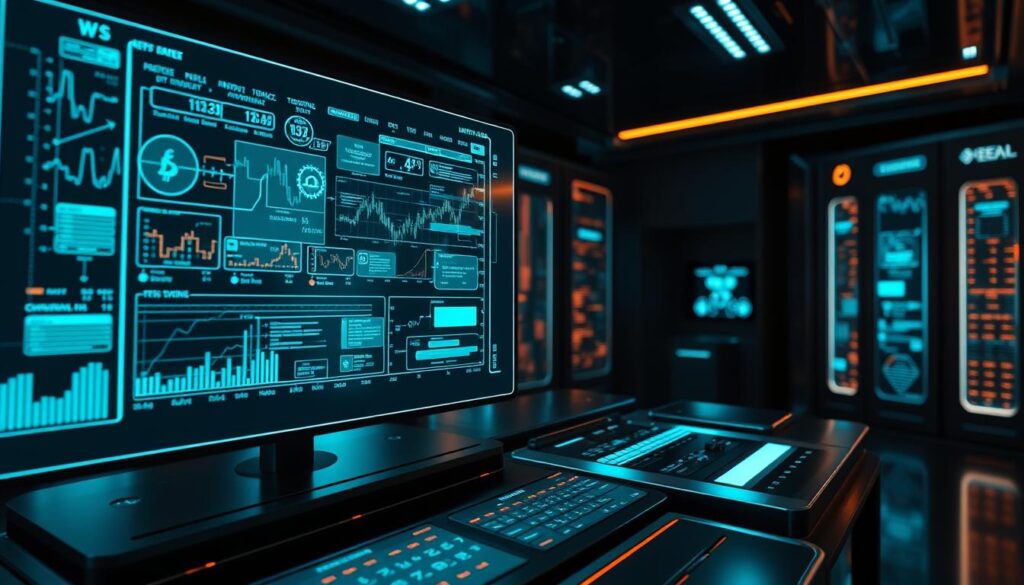 A sleek, futuristic crypto trading machine learning system. In the foreground, a holographic display shows complex algorithms and data visualizations, with animated charts and graphs. The middle ground features a glossy, metallic control panel with various input devices and digital readouts. In the background, a backdrop of a dark, high-tech room with glowing panels and subtle lighting, creating a moody, cyberpunk atmosphere. The scene conveys a sense of advanced, state-of-the-art technology at work, seamlessly integrating machine learning capabilities to analyze and predict cryptocurrency market trends.