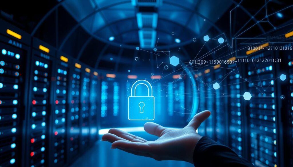 A sleek, futuristic data center with stacks of servers and blinking lights, encased in a transparent glass dome. The room is dimly lit, with a moody blue-hued ambiance. In the foreground, a disembodied hand holds a digital lock, symbolizing data security and privacy. Wispy lines of code and abstract geometric shapes float in the air, creating a sense of advanced technology and encryption. The overall scene conveys a sophisticated, high-tech environment where sensitive information is meticulously protected.