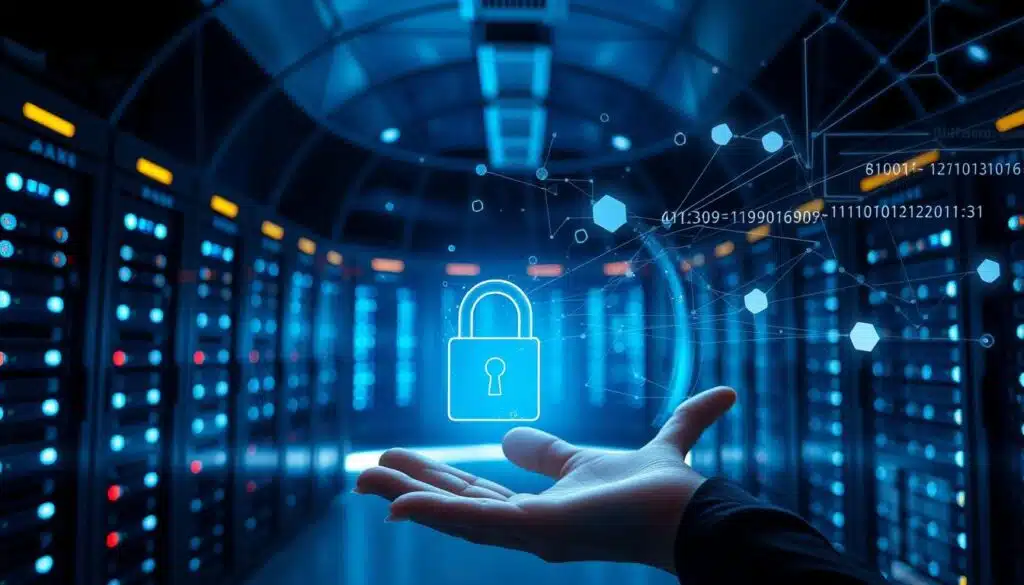A sleek, futuristic data center with stacks of servers and blinking lights, encased in a transparent glass dome. The room is dimly lit, with a moody blue-hued ambiance. In the foreground, a disembodied hand holds a digital lock, symbolizing data security and privacy. Wispy lines of code and abstract geometric shapes float in the air, creating a sense of advanced technology and encryption. The overall scene conveys a sophisticated, high-tech environment where sensitive information is meticulously protected. A sleek, futuristic data center with stacks of servers and blinking lights, encased in a transparent glass dome. The room is dimly lit, with a moody blue-hued ambiance. In the foreground, a disembodied hand holds a digital lock, symbolizing data security and privacy. Wispy lines of code and abstract geometric shapes float in the air, creating a sense of advanced technology and encryption. The overall scene conveys a sophisticated, high-tech environment where sensitive information is meticulously protected.