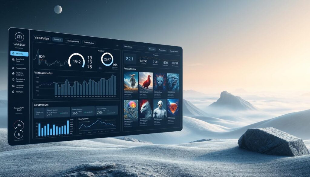 A sleek, futuristic data visualization dashboard displaying an NFT collection analysis framework. The foreground features a clean, minimalist user interface with interactive charts, graphs, and analytics metrics. The middle ground showcases various NFT artworks from the collection, each with detailed information and metadata. The background depicts a serene, ethereal landscape with soft, ambient lighting, giving the scene a contemplative, introspective atmosphere. The overall composition conveys a sense of depth, balance, and technological sophistication, ideal for illustrating a comprehensive NFT evaluation framework.