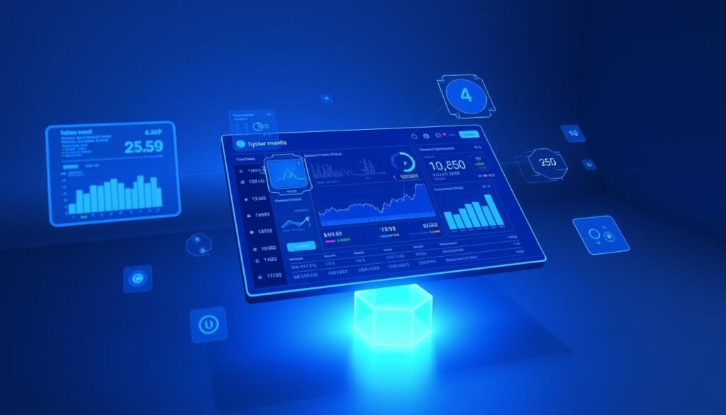 A sleek, futuristic data visualization dashboard floats in a dimly lit, minimalist 3D space. The dashboard displays various cryptocurrency metrics and market indicators, presented in a clean, organized manner. The background is a subtle gradient, creating a sense of depth and atmosphere. Holographic overlays and data visualizations hover around the dashboard, casting a soft, ethereal glow. The entire scene is illuminated by a cool, blue-tinted lighting, conveying a sense of technological sophistication and precision. The camera angle is slightly elevated, providing an immersive, bird's-eye view of the data landscape.