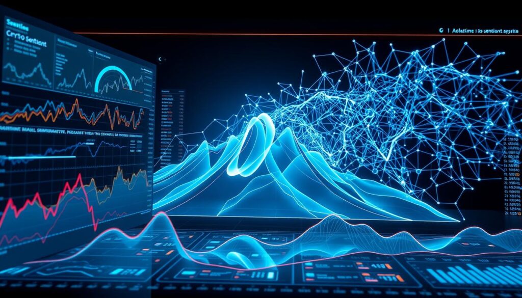 A sleek, futuristic data visualization dashboard illuminates the intricate patterns of crypto market sentiment. In the foreground, dynamic charts and graphs pulsate with real-time insights, their lines and curves conveying the ebb and flow of investor emotions. The middle ground features a 3D holographic model of the cryptocurrency landscape, its peaks and valleys shifting as sentiment shifts. In the background, a vast, abstract neural network underpins the analysis, its nodes and synapses glowing with the power of AI-driven sentiment tracking. Crisp, cool lighting bathes the scene, creating a sense of technological precision and data-driven decision-making. The overall atmosphere evokes the cutting edge of finance, where sentiment is the key to unlocking market opportunities.