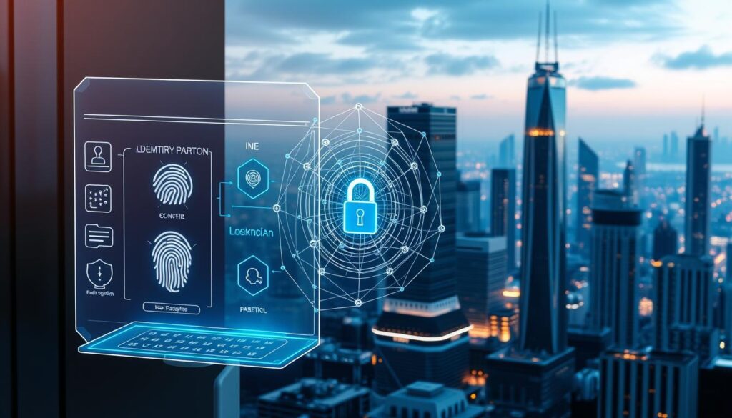 A sleek, futuristic digital identity verification system, with a central holographic display showcasing biometric data and security protocols. The foreground features a minimalist user interface with fingerprint, iris, and facial recognition inputs. The middle ground depicts a swirling blockchain network, visualized as a web of interconnected nodes and cryptographic hashes. In the background, a gleaming cityscape of towering skyscrapers and futuristic architecture, illuminated by a soft, ambient glow, symbolizing the integration of this technology into the urban landscape. The overall scene conveys a sense of advanced, secure, and seamless identity management, suitable for a high-tech business environment.