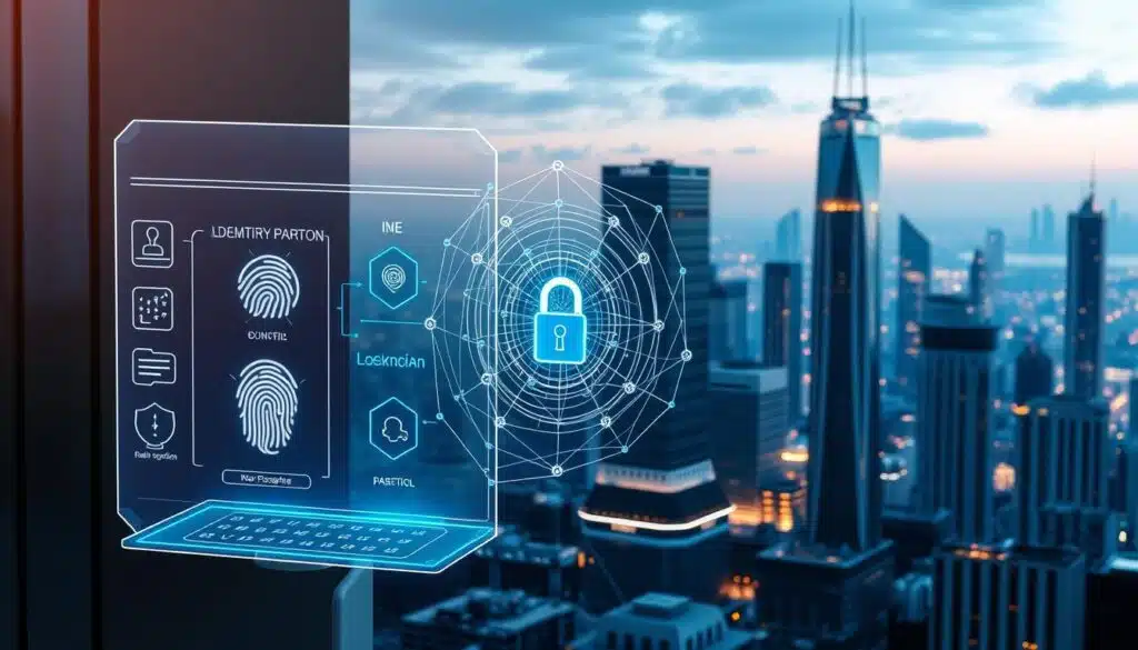 A sleek, futuristic digital identity verification system, with a central holographic display showcasing biometric data and security protocols. The foreground features a minimalist user interface with fingerprint, iris, and facial recognition inputs. The middle ground depicts a swirling blockchain network, visualized as a web of interconnected nodes and cryptographic hashes. In the background, a gleaming cityscape of towering skyscrapers and futuristic architecture, illuminated by a soft, ambient glow, symbolizing the integration of this technology into the urban landscape. The overall scene conveys a sense of advanced, secure, and seamless identity management, suitable for a high-tech business environment.