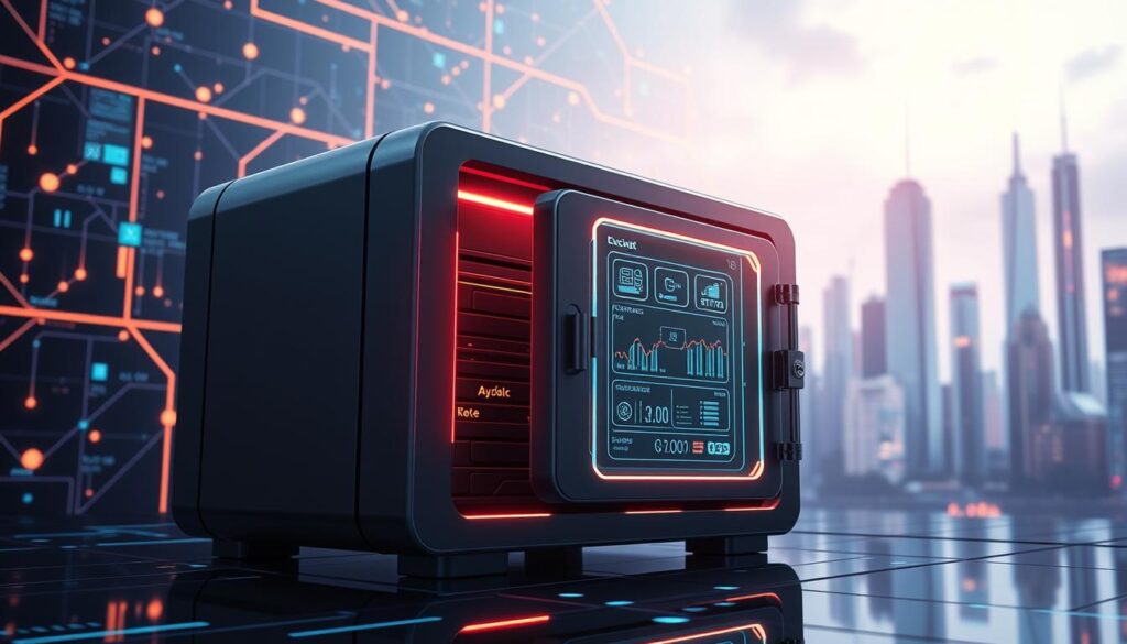 A sleek, futuristic digital vault against a backdrop of glowing blockchain networks. In the foreground, a secure hybrid storage system comprised of a hardware wallet and an encrypted software interface. Subtle neon accents illuminate the hybrid device, conveying a sense of cutting-edge technology and robust data protection. The middle ground features a holographic display, showcasing real-time cryptocurrency transactions and balances. In the background, a cityscape of skyscrapers and towers symbolizes the intersection of cryptocurrency and the modern financial landscape, all bathed in a cool, techno-chic color palette. A sleek, futuristic digital vault against a backdrop of glowing blockchain networks. In the foreground, a secure hybrid storage system comprised of a hardware wallet and an encrypted software interface. Subtle neon accents illuminate the hybrid device, conveying a sense of cutting-edge technology and robust data protection. The middle ground features a holographic display, showcasing real-time cryptocurrency transactions and balances. In the background, a cityscape of skyscrapers and towers symbolizes the intersection of cryptocurrency and the modern financial landscape, all bathed in a cool, techno-chic color palette.