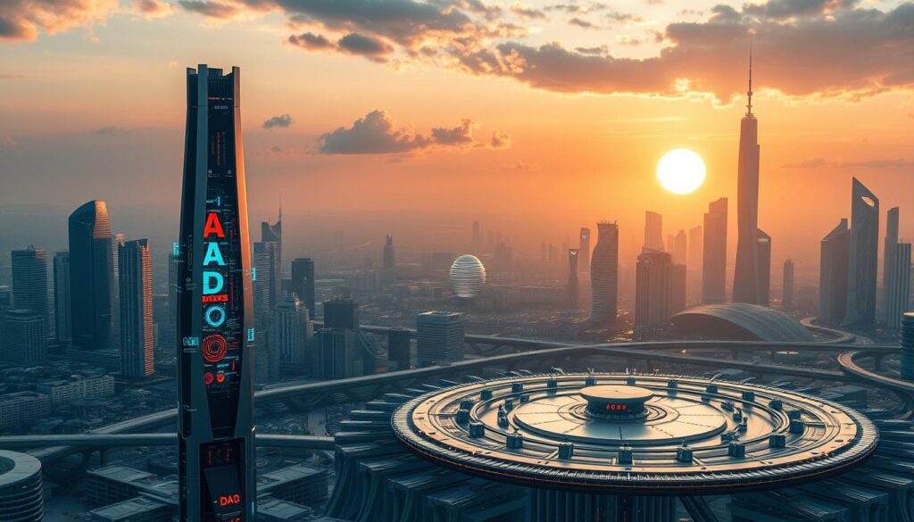 A sleek, futuristic landscape depicting the seamless integration of AI and DAO. In the foreground, a towering, metallic structure with dynamic interfaces and data streams pulsing through its core, symbolizing the convergence of artificial intelligence and decentralized governance. In the middle ground, a circular platform with interconnected nodes representing the DAO's distributed decision-making ecosystem. The background showcases a cityscape of gleaming skyscrapers and futuristic transportation, all bathed in a warm, futuristic glow from the setting sun. The scene conveys a sense of technological advancement, efficiency, and the harmonious collaboration between human and machine intelligence. A sleek, futuristic landscape depicting the seamless integration of AI and DAO. In the foreground, a towering, metallic structure with dynamic interfaces and data streams pulsing through its core, symbolizing the convergence of artificial intelligence and decentralized governance. In the middle ground, a circular platform with interconnected nodes representing the DAO's distributed decision-making ecosystem. The background showcases a cityscape of gleaming skyscrapers and futuristic transportation, all bathed in a warm, futuristic glow from the setting sun. The scene conveys a sense of technological advancement, efficiency, and the harmonious collaboration between human and machine intelligence.