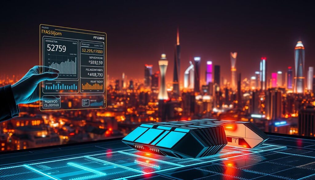 A sleek, futuristic payments infrastructure set against a backdrop of a glowing, grid-like cityscape. In the foreground, a holographic interface displays intricate financial data and transaction details, with smooth, gestural controls operated by an unseen agent. Warm, ambient lighting bathes the scene, creating an atmosphere of advanced technology and efficiency. The middle ground features a cluster of stylized, angular hardware components, their metallic surfaces reflecting the city lights. In the distance, towering skyscrapers and a vibrant, neon-tinged skyline convey a sense of a thriving, AI-powered financial ecosystem. The overall mood is one of sophisticated, cutting-edge innovation in the realm of digital payments.