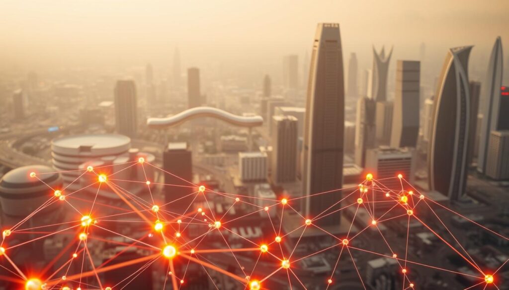 A sleek, futuristic scene depicting the scalability of a Directed Acyclic Graph (DAG) blockchain. In the foreground, a network of interconnected nodes pulsing with vibrant energy, representing the efficient and parallel transaction processing. In the middle ground, an abstract visualization of the DAG structure, with interlocking pathways and branches showcasing the non-linear nature of the network. In the background, a cityscape of gleaming skyscrapers and advanced infrastructure, symbolizing the real-world applications and scalability of this blockchain technology. The scene is bathed in a warm, hazy glow, creating a sense of technological sophistication and progress. The overall composition conveys the power, flexibility, and scalability of DAG-based blockchain solutions.