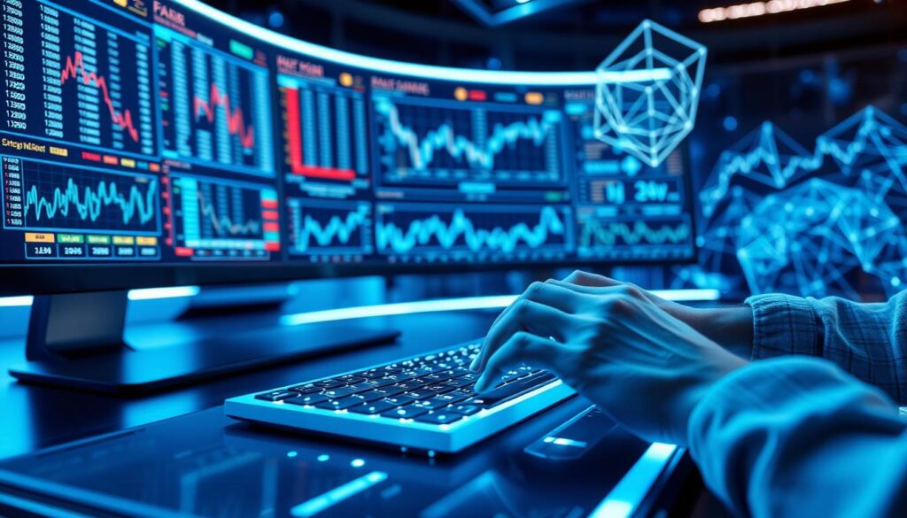 A sleek, futuristic trading terminal with multiple data screens and charts displaying complex algorithmic patterns. In the foreground, a pair of hands typing rapidly on a holographic keyboard, the fingers moving with precision and focus. Soft blue lighting bathes the scene, creating an atmosphere of technological sophistication and data-driven decision-making. The background features abstract geometric shapes and wireframe models, hinting at the complex mathematical underpinnings of the optimized trade execution algorithms. The overall composition conveys a sense of efficiency, control, and the seamless integration of human and machine intelligence in the world of high-frequency trading. A sleek, futuristic trading terminal with multiple data screens and charts displaying complex algorithmic patterns. In the foreground, a pair of hands typing rapidly on a holographic keyboard, the fingers moving with precision and focus. Soft blue lighting bathes the scene, creating an atmosphere of technological sophistication and data-driven decision-making. The background features abstract geometric shapes and wireframe models, hinting at the complex mathematical underpinnings of the optimized trade execution algorithms. The overall composition conveys a sense of efficiency, control, and the seamless integration of human and machine intelligence in the world of high-frequency trading.