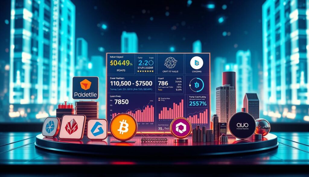 A sleek, high-tech comparison of leading crypto lending platforms, captured in a digital diorama. The foreground showcases the logos and key features of top lending services, each rendered with precision and vibrant colors. The middle ground depicts dynamic data visualizations, charts, and statistics, providing an analytical overview of their respective interest rates, loan-to-value ratios, and user ratings. The background features a futuristic cityscape, with glowing skyscrapers and a holographic grid, creating a sense of technological sophistication. Dramatic lighting and a shallow depth of field focus the viewer's attention on the central elements, while an overall cool, metallic color palette conveys a sense of innovation and authority. A sleek, high-tech comparison of leading crypto lending platforms, captured in a digital diorama. The foreground showcases the logos and key features of top lending services, each rendered with precision and vibrant colors. The middle ground depicts dynamic data visualizations, charts, and statistics, providing an analytical overview of their respective interest rates, loan-to-value ratios, and user ratings. The background features a futuristic cityscape, with glowing skyscrapers and a holographic grid, creating a sense of technological sophistication. Dramatic lighting and a shallow depth of field focus the viewer's attention on the central elements, while an overall cool, metallic color palette conveys a sense of innovation and authority.