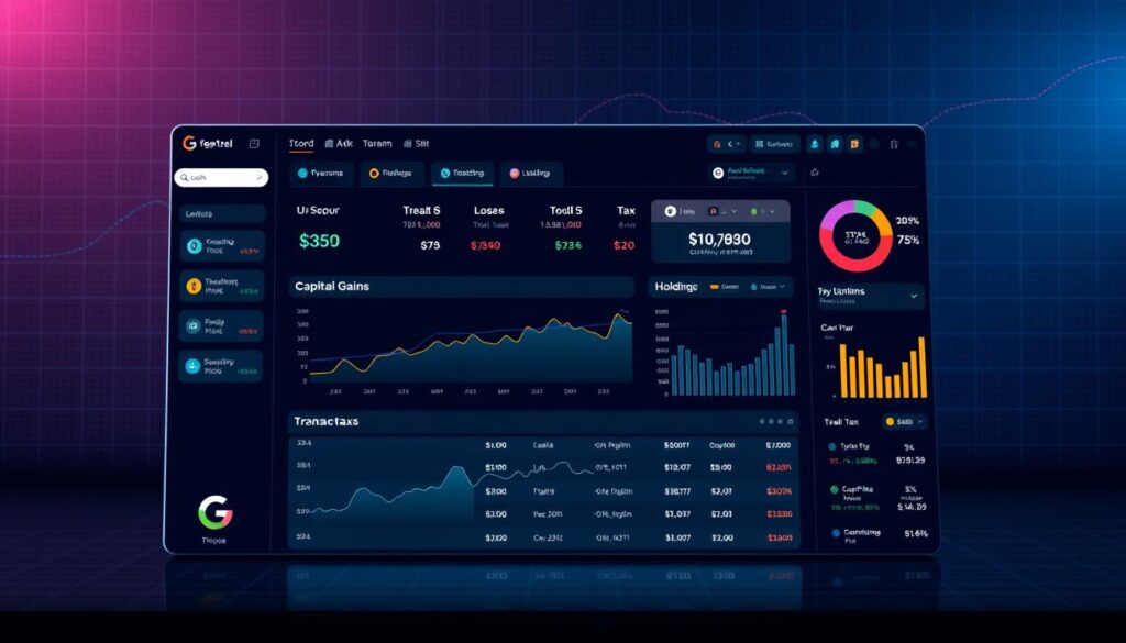 A sleek, high-tech cryptocurrency tax software dashboard set against a minimalist, dark-themed interface. The foreground features a clean, modern UI with intuitive controls, animated charts, and data visualizations tracking capital gains, losses, and tax obligations. The middle ground showcases a detailed breakdown of transactions, holdings, and tax calculations. In the background, a subtle grid pattern and soft ambient lighting create a sense of sophistication and precision, reflecting the complex nature of cryptocurrency tax reporting. The overall atmosphere is one of professionalism, efficiency, and technological prowess, designed to help users navigate the intricacies of crypto taxation with ease.
