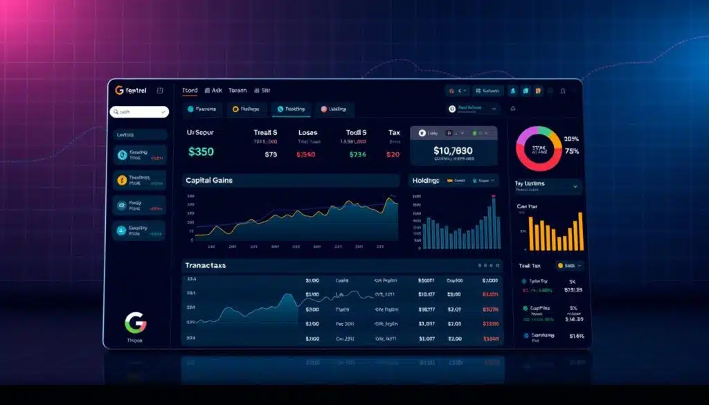 A sleek, high-tech cryptocurrency tax software dashboard set against a minimalist, dark-themed interface. The foreground features a clean, modern UI with intuitive controls, animated charts, and data visualizations tracking capital gains, losses, and tax obligations. The middle ground showcases a detailed breakdown of transactions, holdings, and tax calculations. In the background, a subtle grid pattern and soft ambient lighting create a sense of sophistication and precision, reflecting the complex nature of cryptocurrency tax reporting. The overall atmosphere is one of professionalism, efficiency, and technological prowess, designed to help users navigate the intricacies of crypto taxation with ease. A sleek, high-tech cryptocurrency tax software dashboard set against a minimalist, dark-themed interface. The foreground features a clean, modern UI with intuitive controls, animated charts, and data visualizations tracking capital gains, losses, and tax obligations. The middle ground showcases a detailed breakdown of transactions, holdings, and tax calculations. In the background, a subtle grid pattern and soft ambient lighting create a sense of sophistication and precision, reflecting the complex nature of cryptocurrency tax reporting. The overall atmosphere is one of professionalism, efficiency, and technological prowess, designed to help users navigate the intricacies of crypto taxation with ease.