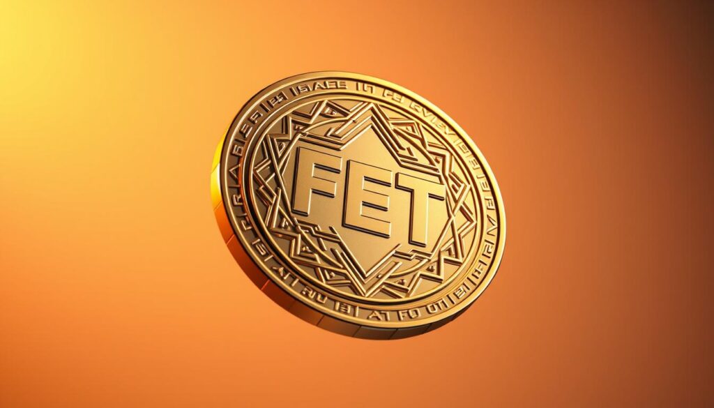 A sleek, metallic FET token floating in a dynamic, three-dimensional space. The token has a striking, faceted design with intricate geometric patterns etched into its surface, reflecting the complex utility and governance mechanisms of the Fetch.ai ecosystem. Warm, golden lighting illuminates the token from various angles, casting dramatic shadows and highlights that convey a sense of depth and solidity. The background is a minimalist, gradient-based environment, allowing the FET token to be the focal point and emphasizing its importance as a crucial component of the Fetch.ai network.