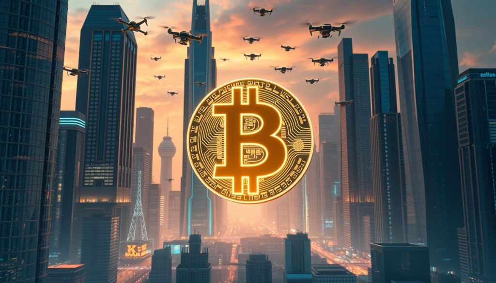 A sleek, metallic cityscape with towering skyscrapers and advanced architectural structures, bathed in a warm, ambient lighting. In the foreground, a glowing, three-dimensional Bitcoin logo hovers, its intricate blockchain patterns pulsing with energy. Holograms and digital displays showcase the latest Bitcoin innovations, such as secure mobile wallets, lightning network transactions, and decentralized finance applications. The sky is filled with drones and flying vehicles, illustrating the futuristic, tech-driven nature of the Bitcoin ecosystem. The overall mood is one of progress, innovation, and the endless possibilities of cryptocurrency technology. A sleek, metallic cityscape with towering skyscrapers and advanced architectural structures, bathed in a warm, ambient lighting. In the foreground, a glowing, three-dimensional Bitcoin logo hovers, its intricate blockchain patterns pulsing with energy. Holograms and digital displays showcase the latest Bitcoin innovations, such as secure mobile wallets, lightning network transactions, and decentralized finance applications. The sky is filled with drones and flying vehicles, illustrating the futuristic, tech-driven nature of the Bitcoin ecosystem. The overall mood is one of progress, innovation, and the endless possibilities of cryptocurrency technology.