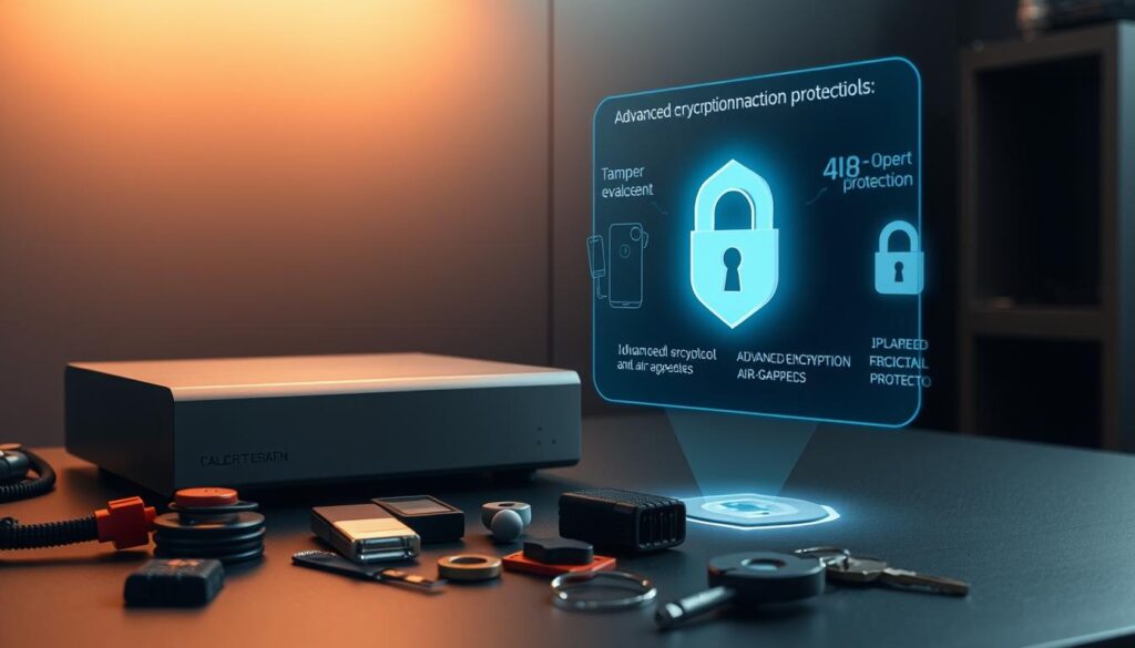 A sleek, metallic cold storage device sits prominently on a dark, minimalist desk. The device's surface reflects the soft, warm lighting overhead, its robust construction conveying a sense of security and reliability. In the foreground, various security-focused accessories are displayed, such as tamper-evident seals, biometric authentication devices, and physical security keys. The middle ground features a holographic projection showcasing the device's advanced encryption protocols and air-gapped design, emphasizing its impenetrable protection. The background fades into a subdued, industrial environment, highlighting the device's purpose as a crucial component in safeguarding digital assets. A sleek, metallic cold storage device sits prominently on a dark, minimalist desk. The device's surface reflects the soft, warm lighting overhead, its robust construction conveying a sense of security and reliability. In the foreground, various security-focused accessories are displayed, such as tamper-evident seals, biometric authentication devices, and physical security keys. The middle ground features a holographic projection showcasing the device's advanced encryption protocols and air-gapped design, emphasizing its impenetrable protection. The background fades into a subdued, industrial environment, highlighting the device's purpose as a crucial component in safeguarding digital assets.