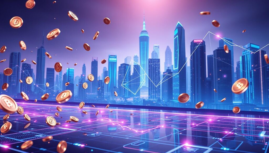 A sleek, metallic cryptocurrency liquidity pool decentralized exchange interface. In the foreground, digital currency tokens and coins float and swirl, representing the various trading pairs. In the middle ground, glowing geometric shapes and lines illustrate the order book and automated market maker algorithms. The background showcases a futuristic cityscape of towering skyscrapers and holographic displays, bathed in a cool, neon-tinged lighting. The overall scene conveys a sense of dynamism, technological sophistication, and the seamless flow of digital assets. A sleek, metallic cryptocurrency liquidity pool decentralized exchange interface. In the foreground, digital currency tokens and coins float and swirl, representing the various trading pairs. In the middle ground, glowing geometric shapes and lines illustrate the order book and automated market maker algorithms. The background showcases a futuristic cityscape of towering skyscrapers and holographic displays, bathed in a cool, neon-tinged lighting. The overall scene conveys a sense of dynamism, technological sophistication, and the seamless flow of digital assets.