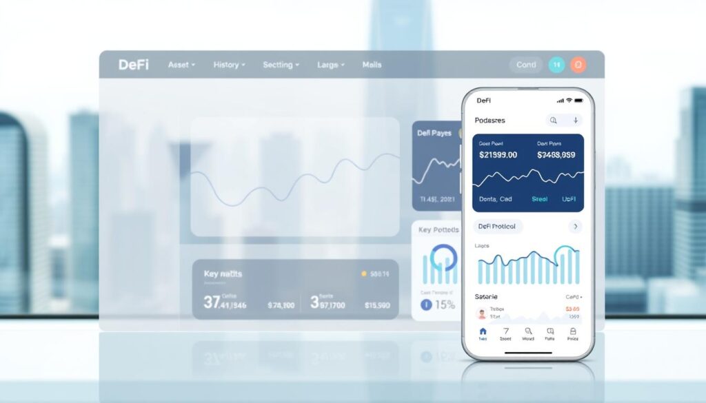A sleek, minimalist DeFi wallet dashboard with a clean, intuitive interface. In the foreground, a stylized cryptocurrency wallet app displays asset balances, transaction history, and DeFi protocol interactions. The middle ground features a dynamic data visualization, showcasing key DeFi metrics and portfolio analytics. The background has a soft, blurred cityscape with modern skyscrapers, hinting at the global, decentralized nature of the DeFi ecosystem. The lighting is bright and natural, creating a sense of clarity and transparency. The overall mood is one of control, confidence, and financial empowerment in the DeFi space.