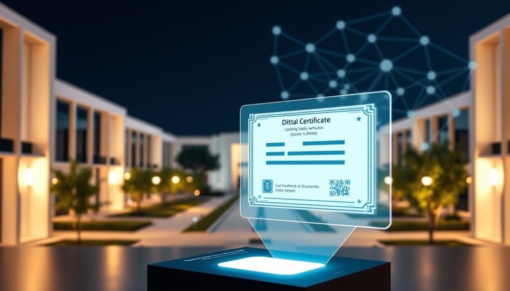 A sleek, minimalist blockchain-based academic credential verification system. In the foreground, a holographic display projects a digital certificate with a secure QR code. The middle ground features a modern university campus with clean architecture and lush greenery. In the background, a network of interconnected nodes visualizes the decentralized blockchain infrastructure that powers the secure credential verification process. Warm, muted lighting creates a sense of professionalism and innovation. The overall atmosphere conveys trust, transparency, and the transformative potential of blockchain technology in the education sector.