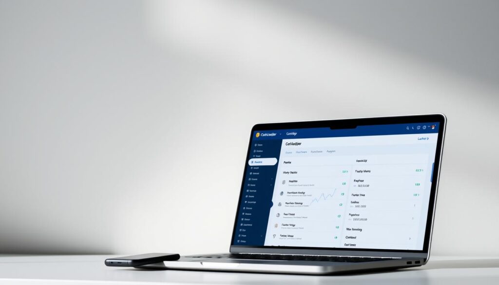 A sleek, minimalist desktop interface showcases the CoinLedger crypto tax software. In the foreground, a laptop screen displays clean, intuitive menus for streamlined tax filing. Behind it, a smartphone rests, reflecting the software's mobile accessibility. The background features a muted, professional color palette, conveying an atmosphere of sophisticated financial management. Soft, directional lighting casts subtle shadows, highlighting the software's elegant design. The overall scene exudes a sense of efficiency and control, reflecting CoinLedger's ability to simplify the complexities of cryptocurrency tax reporting for US investors.