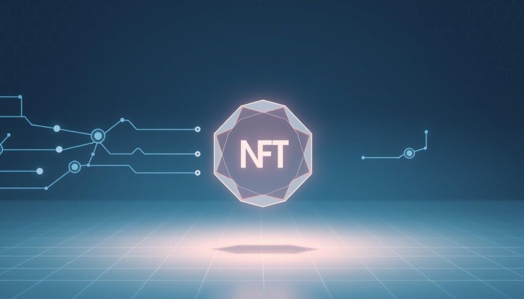 A sleek, minimalist digital interface depicting the core mechanics of blockchain-based NFT authentication. In the foreground, a transparent polygon representing an NFT token glows with a soft, ambient light. Surrounding it, a series of interconnected nodes and data lines illustrate the verification process, with information flowing seamlessly between them. The middle ground features a clean, monochromatic grid pattern, conveying a sense of structure and order. In the background, a subtle pattern of hexagonal shapes suggests the underlying blockchain architecture, bathed in a cool, bluish hue that enhances the technological aesthetic. The overall scene exudes a sophisticated, cutting-edge vibe that captures the essence of secure, decentralized NFT provenance. A sleek, minimalist digital interface depicting the core mechanics of blockchain-based NFT authentication. In the foreground, a transparent polygon representing an NFT token glows with a soft, ambient light. Surrounding it, a series of interconnected nodes and data lines illustrate the verification process, with information flowing seamlessly between them. The middle ground features a clean, monochromatic grid pattern, conveying a sense of structure and order. In the background, a subtle pattern of hexagonal shapes suggests the underlying blockchain architecture, bathed in a cool, bluish hue that enhances the technological aesthetic. The overall scene exudes a sophisticated, cutting-edge vibe that captures the essence of secure, decentralized NFT provenance.