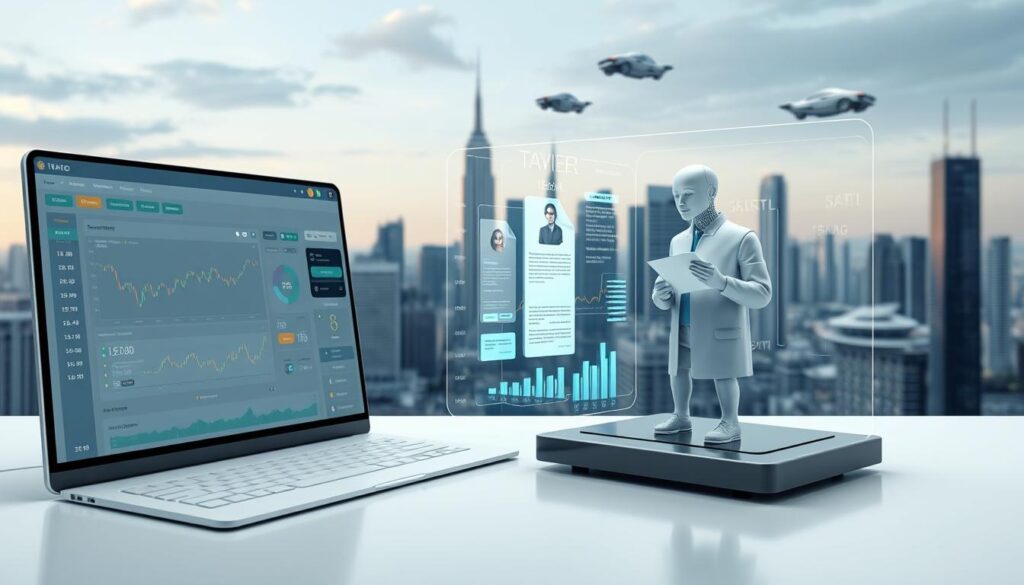 A sleek, minimalist software interface with a clean, modern design. The foreground features a cryptocurrency trading dashboard with real-time data visualizations, portfolio management tools, and seamless tax reporting capabilities. The middle ground showcases a 3D holographic model of a CPA analyzing tax documents, leveraging advanced AI algorithms to maximize deductions and minimize tax liabilities. The background depicts a futuristic cityscape, with skyscrapers and floating autonomous vehicles, symbolizing the integration of cutting-edge technology in finance and taxation. The overall scene conveys a sense of efficiency, intelligence, and the power of AI-driven software to streamline the complex world of cryptocurrency taxation.