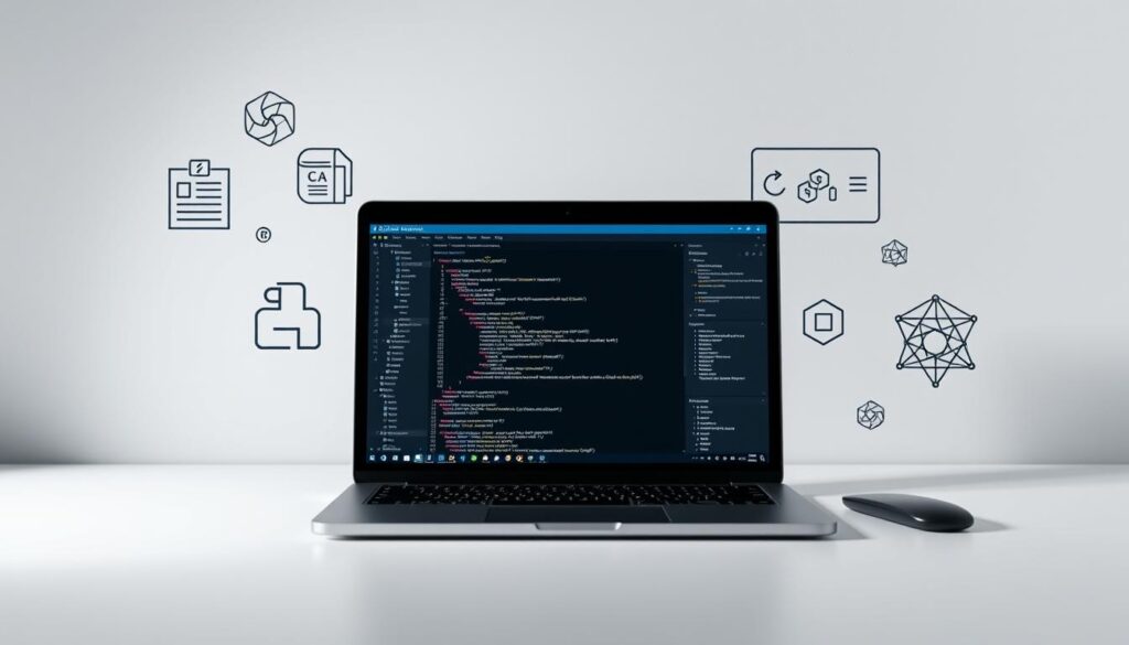 A sleek, minimalist workspace with a laptop prominently displaying a Python code editor on its screen. Surrounding the laptop are various blockchain-related icons and symbols, including a digital cryptocurrency wallet, a blockchain network diagram, and an API documentation window. The lighting is soft and indirect, creating a focused, contemplative atmosphere. The background is a muted, neutral tone, allowing the technology-focused elements to stand out. The overall composition conveys a sense of thoughtful prototyping and exploration of Python's capabilities in the blockchain development space.