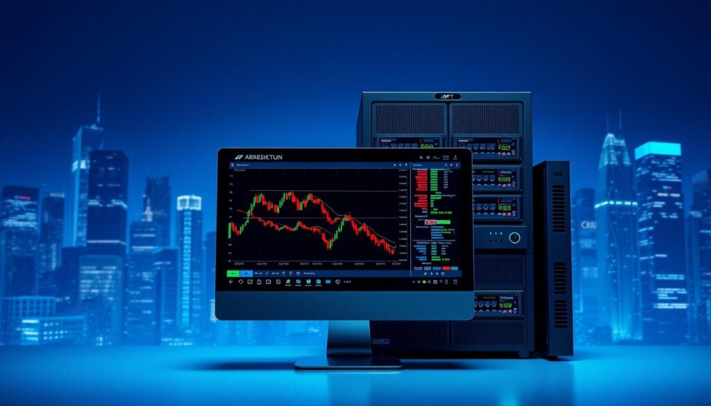 A sleek, minimalistic design of an "arbitrage stack" for cryptocurrency trading. In the foreground, a modern computer monitor displays real-time market data and trading algorithms. Behind it, a stack of high-performance servers hums with the processing power required for low-latency trading strategies. The arrangement is bathed in a cool, blue-tinted lighting, creating an atmosphere of precision and efficiency. In the background, a cityscape of skyscrapers suggests the fast-paced, global nature of the crypto markets. The overall impression is one of a cutting-edge, AI-driven system designed for reliable and rapid arbitrage opportunities.
