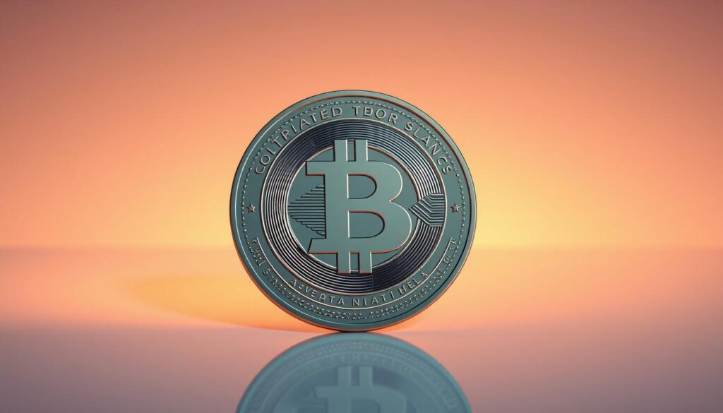 A sleek, modern certification crypto token rendered in high-resolution with a metallic sheen and realistic depth. The token rests on a reflective surface, casting a subtle shadow. Warm, directional lighting highlights the angular edges and intricate details of the crypto design. In the background, a soft gradient of complementary hues creates a minimalist, elegant atmosphere. The overall composition conveys a sense of prestige, authenticity, and professionalism befitting an accredited online cryptocurrency certification program.