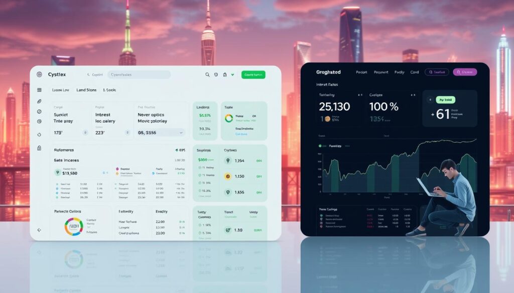 A sleek, modern crypto lending platform with a minimalist, user-friendly interface. In the foreground, a clean dashboard displaying various lending options, interest rates, and portfolio performance. In the middle ground, customers interacting with the platform on their laptops and mobile devices, seamlessly managing their crypto assets. The background features a futuristic cityscape with skyscrapers, neon lights, and a sense of technological advancement. The scene is bathed in a warm, vibrant color palette, conveying a sense of innovation and progress in the world of decentralized finance.