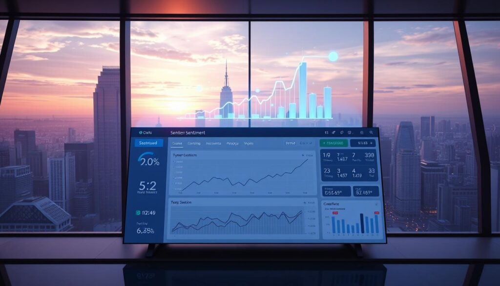 A sleek, modern crypto sentiment analysis dashboard set against a backdrop of a futuristic cityscape. The main interface features a clean, minimalist design with interactive visualizations and charts tracking real-time market sentiment. Holographic data points and 3D graphs float above the dashboard, highlighting key insights. Soft blue and purple hues cast an ambient glow, complemented by the warm tones of a setting sun outside the panoramic windows. A sense of innovation and authority pervades the scene, inviting the viewer to explore the powerful yet accessible data tools at their fingertips. A sleek, modern crypto sentiment analysis dashboard set against a backdrop of a futuristic cityscape. The main interface features a clean, minimalist design with interactive visualizations and charts tracking real-time market sentiment. Holographic data points and 3D graphs float above the dashboard, highlighting key insights. Soft blue and purple hues cast an ambient glow, complemented by the warm tones of a setting sun outside the panoramic windows. A sense of innovation and authority pervades the scene, inviting the viewer to explore the powerful yet accessible data tools at their fingertips.