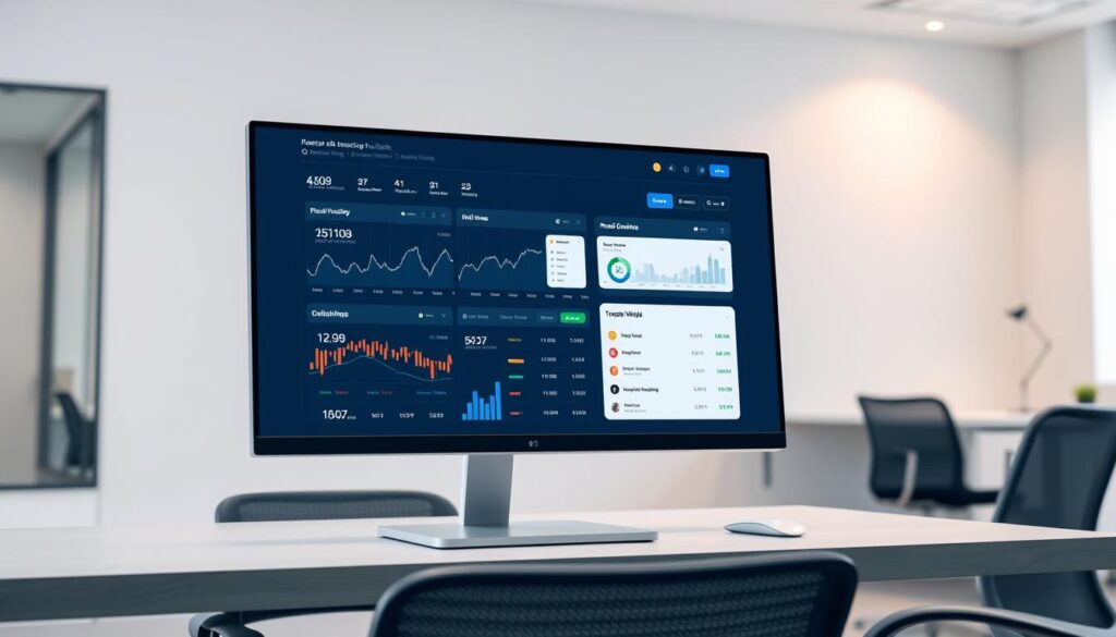 A sleek, modern cryptocurrency portfolio tracking dashboard displayed on a high-resolution computer monitor. The foreground features a clean, intuitive user interface with real-time price charts, asset allocation visualizations, and detailed transaction history. The middle ground showcases a responsive, mobile-friendly layout with customizable widgets and alerts. The background depicts a minimalist office setting with subtle lighting, suggesting a professional, business-oriented environment. The overall atmosphere conveys a sense of control, organization, and data-driven decision-making for cryptocurrency investors and traders.