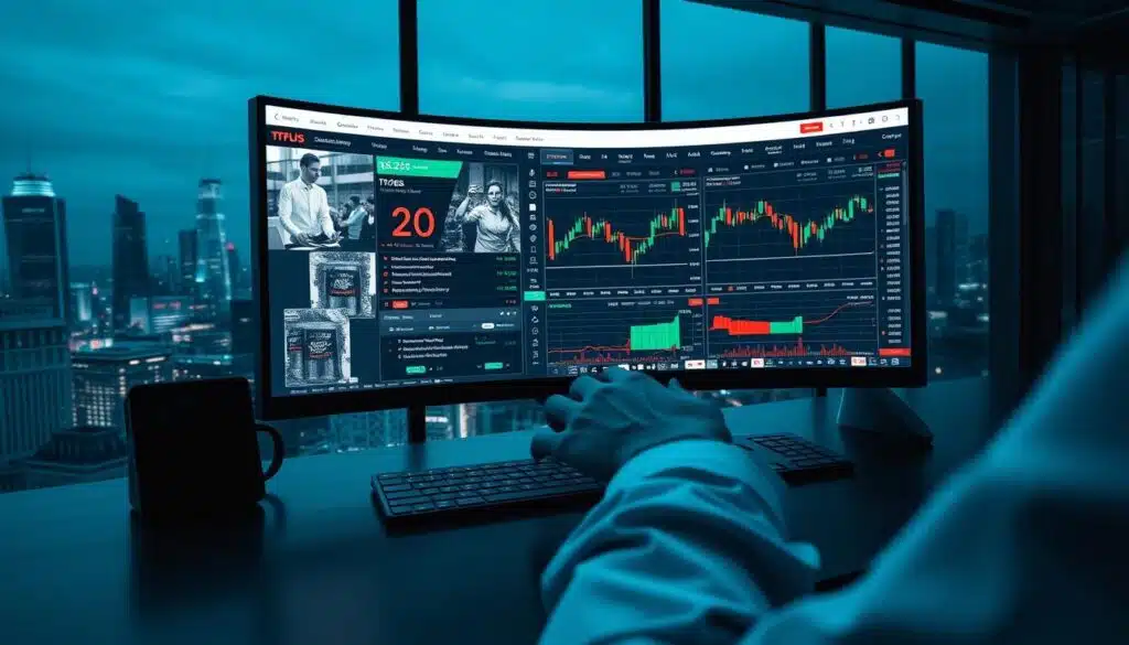 A sleek, modern cryptocurrency trading desk with a large curved display showing a live news feed, stock charts, and trading indicators. In the foreground, a person's hands deftly navigating the trading interface, making strategic decisions based on the unfolding news events. The background features a cityscape with skyscrapers and a sense of financial energy. The lighting is cool and professional, with subtle hints of blue and green hues. The overall atmosphere conveys a sense of focused intensity and data-driven decision-making.