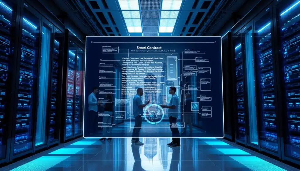 A sleek, modern data center with glowing server racks and holographic displays, illuminated by cool blue lighting. In the foreground, a transparent panel showcases a complex smart contract diagram with lines of code, digital signatures, and transaction flow charts. In the middle ground, a team of developers in casual attire interact with the system, monitoring metrics and fine-tuning the blockchain-based architecture. The background depicts a cityscape of towering skyscrapers, hinting at the widespread adoption and integration of this AI-powered blockchain oracle solution.