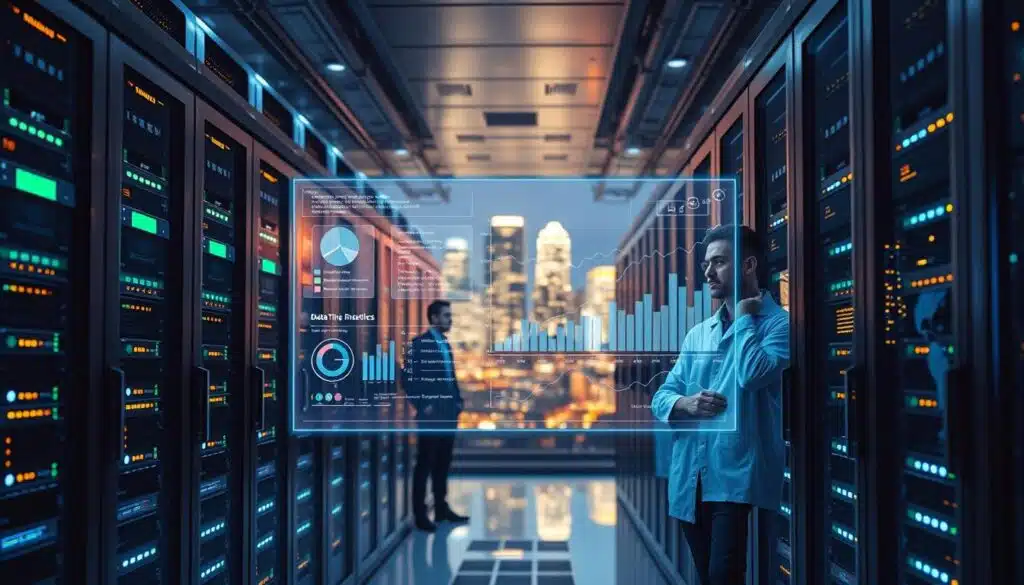 A sleek, modern data center with rows of server racks and blinking lights. In the foreground, a holographic dashboard displays real-time analytics, charts, and visualizations. The middle ground features a team of data scientists intently studying the analytics, their expressions focused and determined. The background depicts a cityscape at night, with skyscrapers and twinkling lights, conveying the scale and importance of the data processing happening within the center. The lighting is a mix of cool blues and warm yellows, creating a dynamic, high-tech atmosphere. The overall scene captures the power and complexity of data aggregation and real-time analytics. A sleek, modern data center with rows of server racks and blinking lights. In the foreground, a holographic dashboard displays real-time analytics, charts, and visualizations. The middle ground features a team of data scientists intently studying the analytics, their expressions focused and determined. The background depicts a cityscape at night, with skyscrapers and twinkling lights, conveying the scale and importance of the data processing happening within the center. The lighting is a mix of cool blues and warm yellows, creating a dynamic, high-tech atmosphere. The overall scene captures the power and complexity of data aggregation and real-time analytics.
