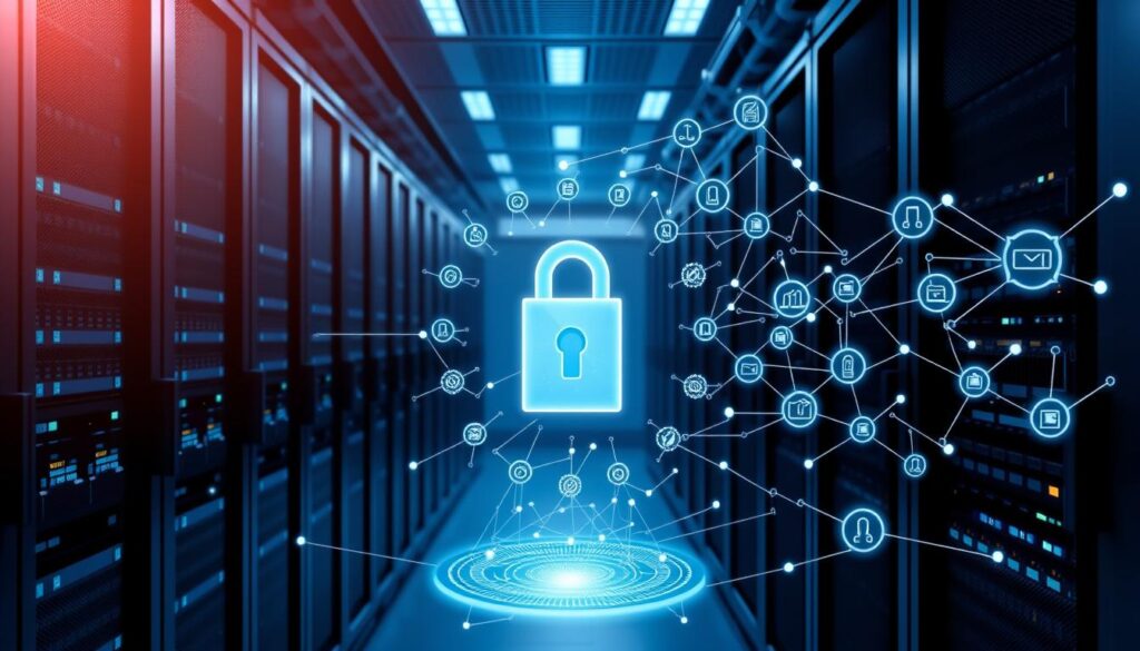 A sleek, modern data center with rows of servers and racks, bathed in a soft, blue-tinted lighting. In the foreground, a holographic display depicts a secure, encrypted blockchain network, with data nodes connected across multiple jurisdictions. The background is adorned with intricate GDPR compliance regulations and guidelines, represented as interconnected digital assets. The scene conveys a sense of technological sophistication, robust security, and regulatory adherence, crucial for enterprise blockchain adoption.