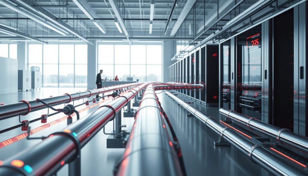 A sleek, modern data pipeline flowing through a minimalist, industrial-inspired landscape. In the foreground, a series of interconnected nodes and pipes transport a steady stream of digital data, glowing with vibrant hues. The middle ground features a network of servers and storage units, their cool metallic surfaces reflecting the pipeline's dynamic movements. In the background, a clean, well-lit workspace with large windows offers a glimpse of the outside world, creating a sense of balance between the technical and the natural. The overall scene conveys a sense of efficiency, precision, and the seamless integration of data-driven systems.
