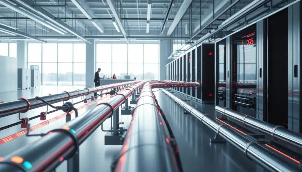A sleek, modern data pipeline flowing through a minimalist, industrial-inspired landscape. In the foreground, a series of interconnected nodes and pipes transport a steady stream of digital data, glowing with vibrant hues. The middle ground features a network of servers and storage units, their cool metallic surfaces reflecting the pipeline's dynamic movements. In the background, a clean, well-lit workspace with large windows offers a glimpse of the outside world, creating a sense of balance between the technical and the natural. The overall scene conveys a sense of efficiency, precision, and the seamless integration of data-driven systems. A sleek, modern data pipeline flowing through a minimalist, industrial-inspired landscape. In the foreground, a series of interconnected nodes and pipes transport a steady stream of digital data, glowing with vibrant hues. The middle ground features a network of servers and storage units, their cool metallic surfaces reflecting the pipeline's dynamic movements. In the background, a clean, well-lit workspace with large windows offers a glimpse of the outside world, creating a sense of balance between the technical and the natural. The overall scene conveys a sense of efficiency, precision, and the seamless integration of data-driven systems.