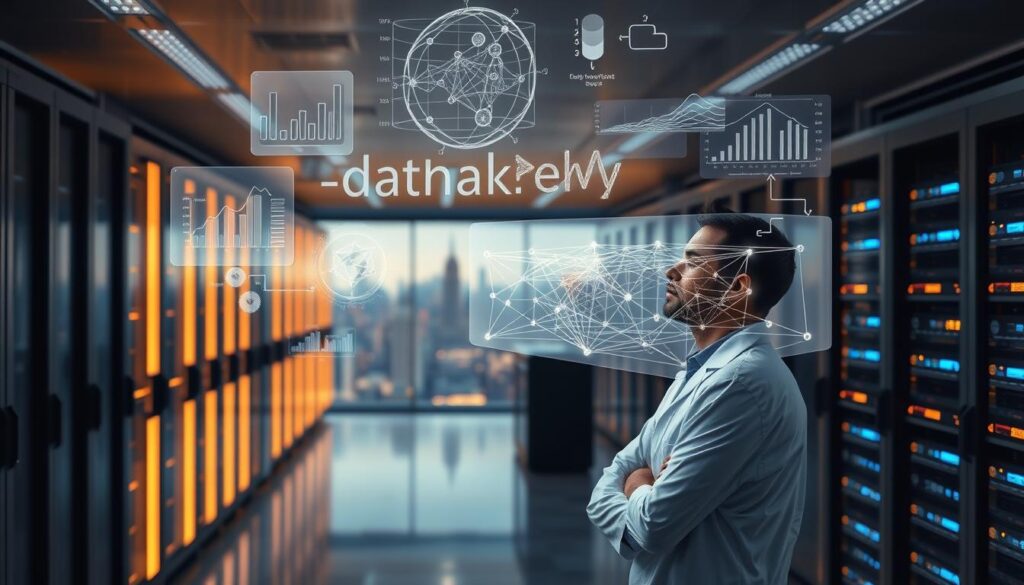 A sleek, modern data processing laboratory with banks of servers and computer equipment. Soft, directional lighting illuminates various data normalization and feature engineering techniques visually represented as holographic displays, interconnected graphs, and statistical visualizations floating in the air. In the foreground, a data scientist wearing a lab coat examines a 3D projection of a neural network architecture, deep in thought. The background features panoramic views of a city skyline, symbolizing the real-world applications of these analytical methods. The overall scene conveys a sense of technological sophistication, scientific rigor, and the power of data-driven insights. A sleek, modern data processing laboratory with banks of servers and computer equipment. Soft, directional lighting illuminates various data normalization and feature engineering techniques visually represented as holographic displays, interconnected graphs, and statistical visualizations floating in the air. In the foreground, a data scientist wearing a lab coat examines a 3D projection of a neural network architecture, deep in thought. The background features panoramic views of a city skyline, symbolizing the real-world applications of these analytical methods. The overall scene conveys a sense of technological sophistication, scientific rigor, and the power of data-driven insights.