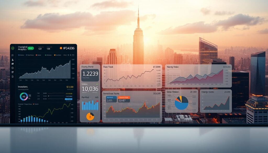 A sleek, modern data visualization dashboard displaying insightful analytics for digital asset investors. The foreground features interactive charts, graphs, and financial metrics, presented against a clean, minimalist backdrop. The middle ground showcases a stock ticker, market performance indicators, and portfolio management tools. In the background, a cityscape of skyscrapers and technology hubs evokes the dynamic nature of the digital asset landscape, all illuminated by a warm, soft lighting that creates a professional, authoritative atmosphere. A sleek, modern data visualization dashboard displaying insightful analytics for digital asset investors. The foreground features interactive charts, graphs, and financial metrics, presented against a clean, minimalist backdrop. The middle ground showcases a stock ticker, market performance indicators, and portfolio management tools. In the background, a cityscape of skyscrapers and technology hubs evokes the dynamic nature of the digital asset landscape, all illuminated by a warm, soft lighting that creates a professional, authoritative atmosphere.