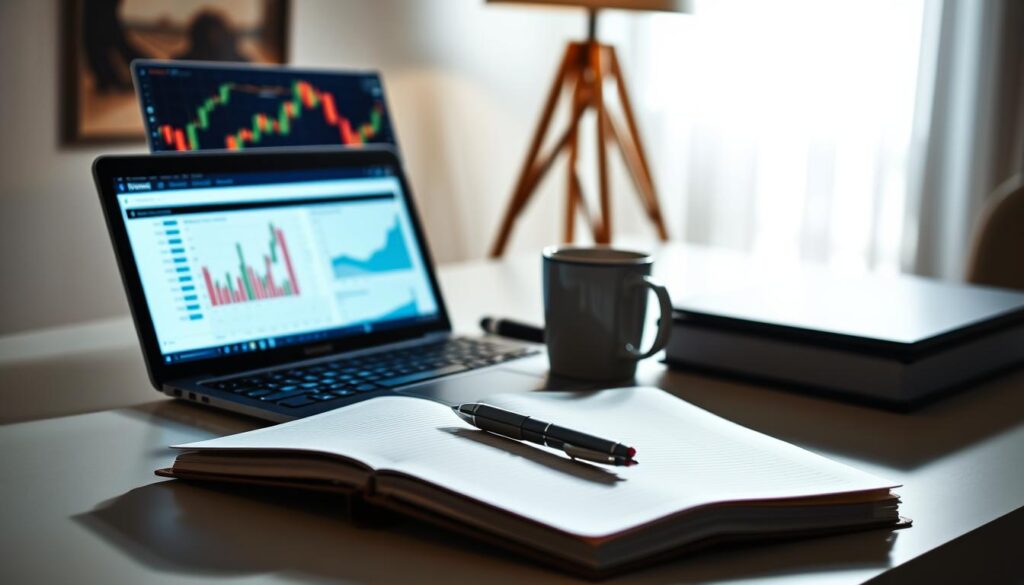 A sleek, modern desktop setup with a laptop, calculator, and cryptocurrency charts displayed on the screen. Bright, directional lighting casts dramatic shadows, creating a sense of focus and intensity. The foreground features an open notebook and a pen, suggesting the process of carefully calculating cost basis. In the middle ground, a mug of coffee or tea adds a touch of realism and the feeling of a dedicated workspace. The background blurs softly, with minimalist decor and neutral colors to avoid distractions, emphasizing the central task of determining cryptocurrency transaction details.