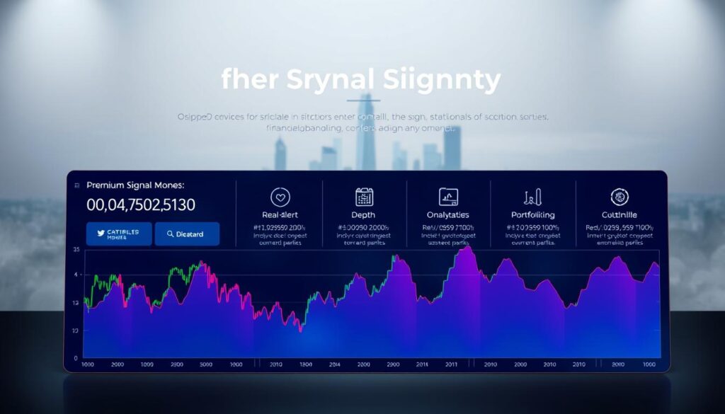 A sleek, modern interface showcasing the key features of a premium crypto signal channel. In the foreground, a stylized graph depicting market data and price fluctuations, rendered in a vibrant, futuristic color palette. In the middle ground, a series of intuitive icons and infographics highlighting essential services such as real-time alerts, in-depth analysis, and portfolio tracking. The background depicts a minimalist cityscape, conveying a sense of technological sophistication and financial prowess. Soft, directional lighting illuminates the scene, creating depth and emphasizing the premium quality of the channel. The overall atmosphere is one of confidence, professionalism, and cutting-edge innovation in the world of cryptocurrency trading.