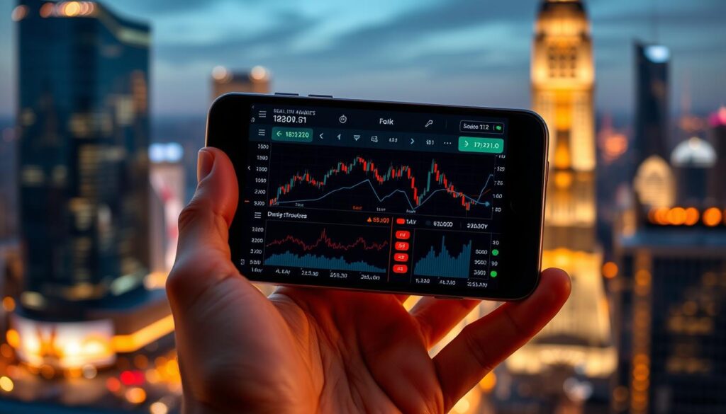 A sleek, modern mobile device displaying real-time crypto market data and price alerts. The screen showcases a clean, user-friendly interface with line graphs, candlestick charts, and price tickers. The device is held in a hand against a blurred background of a bustling city skyline, conveying the on-the-go accessibility of the crypto monitoring system. Soft, warm lighting illuminates the device, creating a sense of sophistication and technology. The overall composition emphasizes the integration of cryptocurrency tracking into the everyday mobile experience.