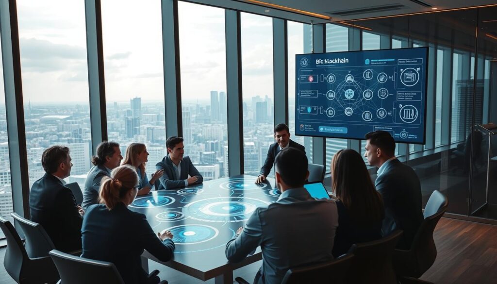 A sleek, modern office interior with a large glass wall overlooking a cityscape. In the foreground, a team of business professionals gathered around a conference table, deeply engaged in discussion and examining holographic displays showcasing blockchain network diagrams and data analytics. The lighting is warm and focused, casting a professional, problem-solving atmosphere. In the middle ground, a wall-mounted touchscreen displays interconnected business processes and blockchain integration points. The background features the distant urban skyline, conveying a sense of innovation and technological advancement. The overall scene reflects the seamless incorporation of blockchain technology into enterprise operations. A sleek, modern office interior with a large glass wall overlooking a cityscape. In the foreground, a team of business professionals gathered around a conference table, deeply engaged in discussion and examining holographic displays showcasing blockchain network diagrams and data analytics. The lighting is warm and focused, casting a professional, problem-solving atmosphere. In the middle ground, a wall-mounted touchscreen displays interconnected business processes and blockchain integration points. The background features the distant urban skyline, conveying a sense of innovation and technological advancement. The overall scene reflects the seamless incorporation of blockchain technology into enterprise operations.