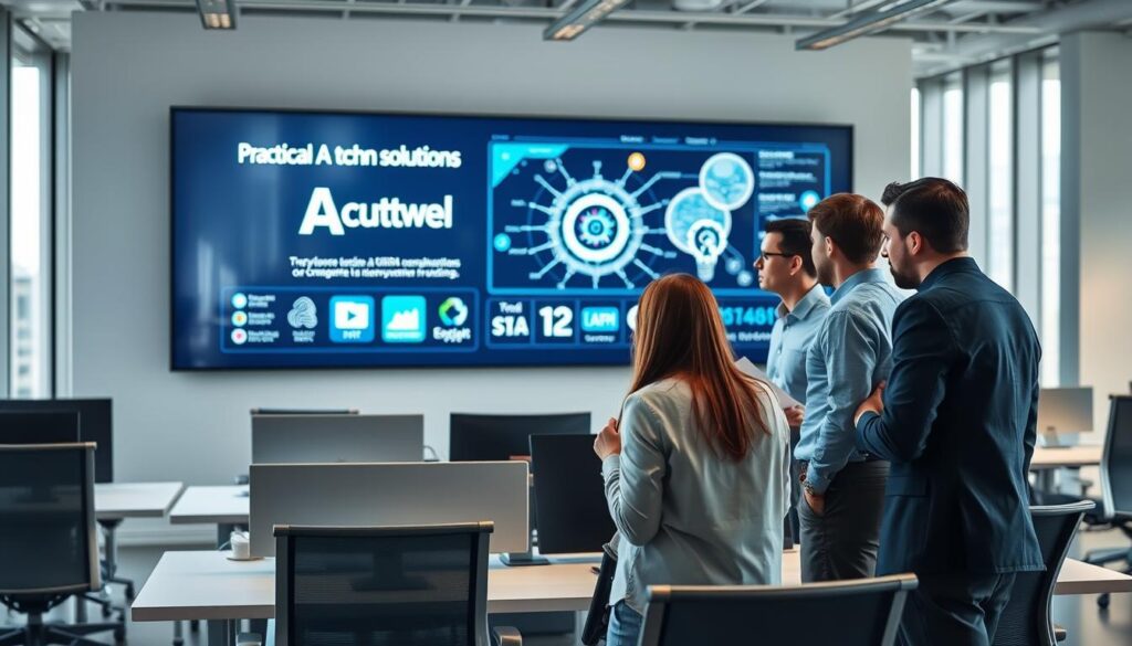 A sleek, modern office interior with a large wall-mounted display showcasing practical AI solutions. The foreground features a group of professionals intently examining the display, their expressions conveying deep engagement and concentration. The middle ground has ergonomic desks and chairs, creating a productive and collaborative workspace. The background has floor-to-ceiling windows, allowing natural light to flood the room and creating a sense of openness and innovation. The overall mood is one of focus, productivity, and the anticipation of discovering transformative AI technologies. A sleek, modern office interior with a large wall-mounted display showcasing practical AI solutions. The foreground features a group of professionals intently examining the display, their expressions conveying deep engagement and concentration. The middle ground has ergonomic desks and chairs, creating a productive and collaborative workspace. The background has floor-to-ceiling windows, allowing natural light to flood the room and creating a sense of openness and innovation. The overall mood is one of focus, productivity, and the anticipation of discovering transformative AI technologies.