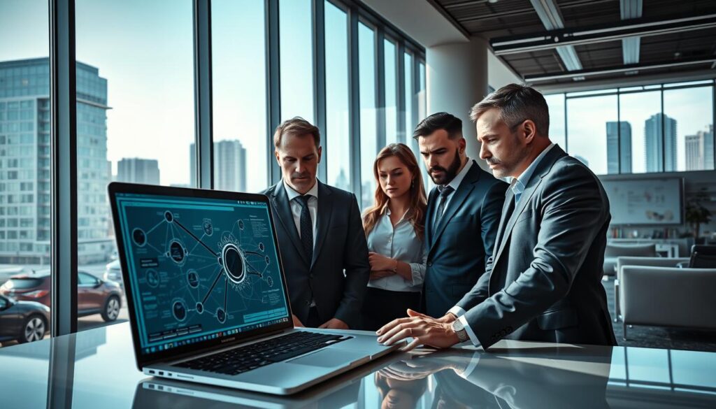 A sleek, modern office interior with a large window overlooking a bustling cityscape. In the foreground, a laptop displays complex business logic diagrams and AI audit algorithms. A team of data analysts in smart casual attire intensely scrutinize the screen, brows furrowed in concentration. Soft directional lighting casts dramatic shadows, highlighting the serious, focused atmosphere. The background features neatly organized whiteboards, stylish furniture, and a sense of technological sophistication. The overall scene conveys the challenge of applying AI-driven auditing methods to verify and validate complex business systems. A sleek, modern office interior with a large window overlooking a bustling cityscape. In the foreground, a laptop displays complex business logic diagrams and AI audit algorithms. A team of data analysts in smart casual attire intensely scrutinize the screen, brows furrowed in concentration. Soft directional lighting casts dramatic shadows, highlighting the serious, focused atmosphere. The background features neatly organized whiteboards, stylish furniture, and a sense of technological sophistication. The overall scene conveys the challenge of applying AI-driven auditing methods to verify and validate complex business systems.