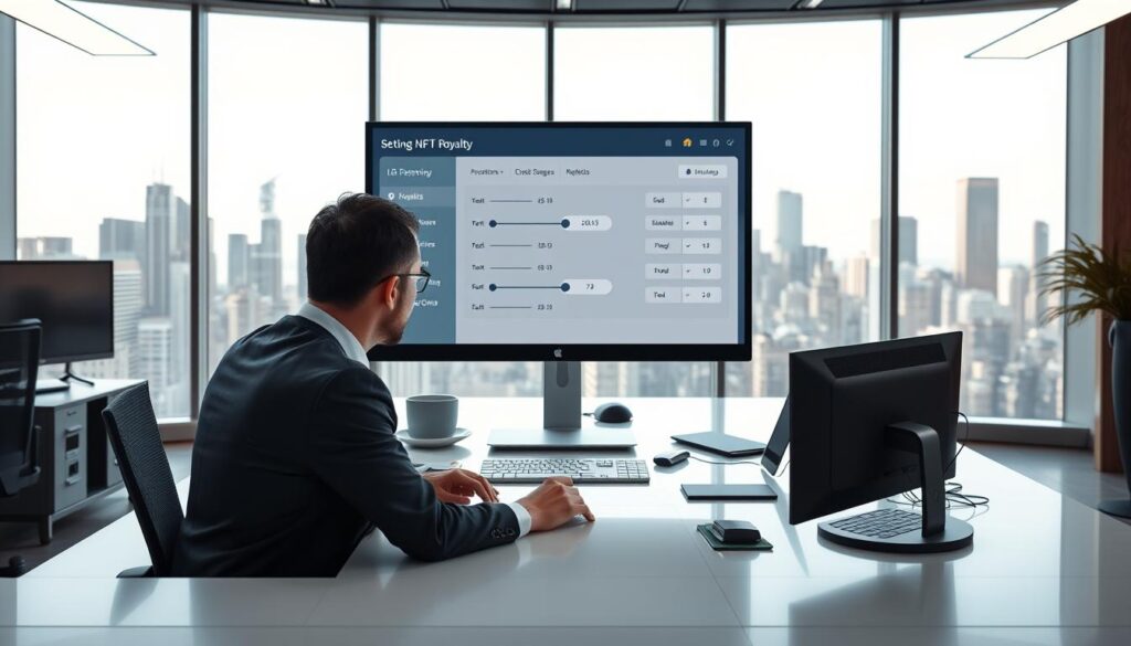 A sleek, modern office setting with a large desk and various digital devices. In the foreground, a computer monitor displays a UI for setting NFT royalty percentages, with sliders, input fields, and clear visualizations. A well-dressed person is seated at the desk, studying the screen intently. The lighting is bright and clean, creating a professional, tech-savvy atmosphere. The background features floor-to-ceiling windows overlooking a cityscape, suggesting the importance and scale of the NFT industry. The overall composition conveys the significance and technical aspects of managing NFT royalties effectively. A sleek, modern office setting with a large desk and various digital devices. In the foreground, a computer monitor displays a UI for setting NFT royalty percentages, with sliders, input fields, and clear visualizations. A well-dressed person is seated at the desk, studying the screen intently. The lighting is bright and clean, creating a professional, tech-savvy atmosphere. The background features floor-to-ceiling windows overlooking a cityscape, suggesting the importance and scale of the NFT industry. The overall composition conveys the significance and technical aspects of managing NFT royalties effectively.